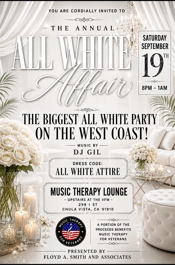 The Annual All White Affair invitation flyer — Saturday, September 19, 8PM to 1AM, Music Therapy Lounge, Chula Vista